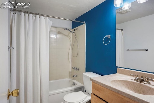 full bathroom featuring toilet, shower / bath combination with curtain, and vanity