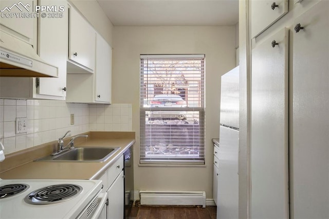 kitchen featuring white electric range oven, baseboard heating, light countertops, white cabinetry, and a sink