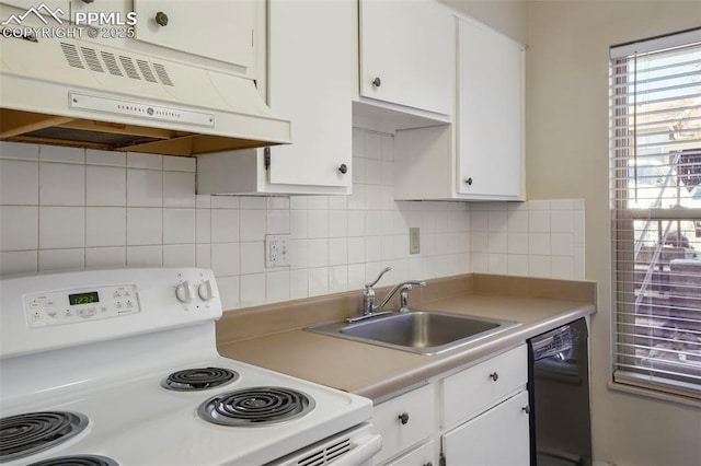 kitchen featuring white range with electric cooktop, light countertops, white cabinetry, dishwasher, and under cabinet range hood