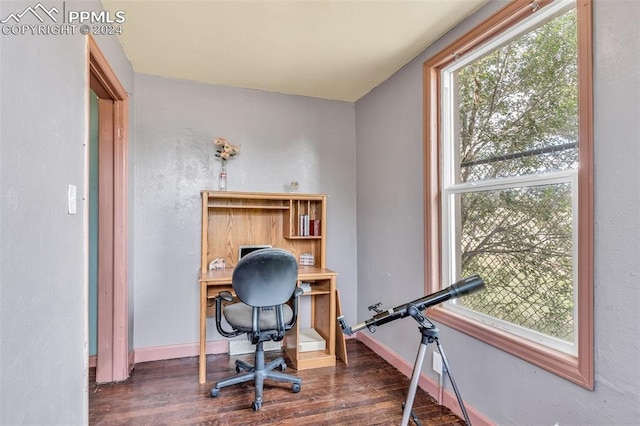 home office with dark hardwood / wood-style floors