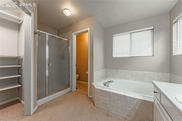 full bathroom with vanity, toilet, and independent shower and bath