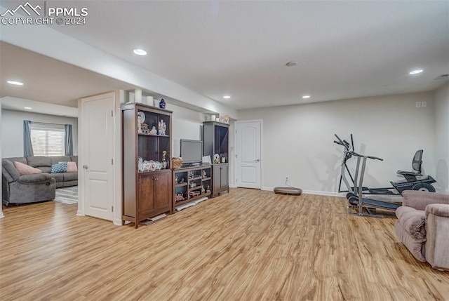 workout area with hardwood / wood-style floors