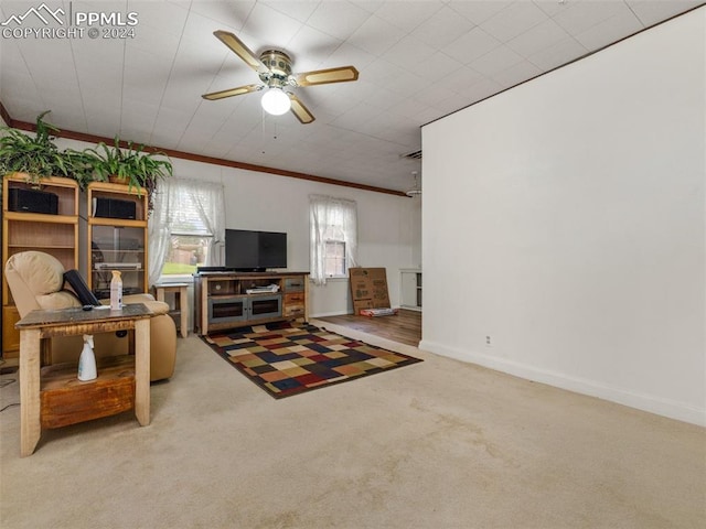 carpeted living room featuring ceiling fan and crown molding