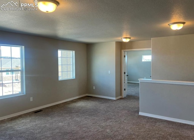 spare room featuring a textured ceiling and carpet flooring