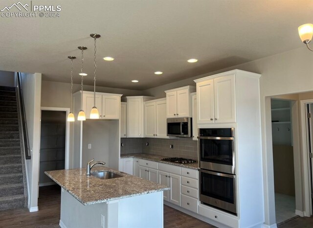 kitchen with sink, a center island with sink, light hardwood / wood-style flooring, stainless steel appliances, and light stone countertops