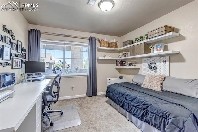 bedroom featuring light carpet