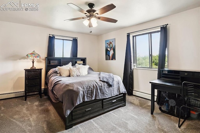 bedroom with carpet flooring, ceiling fan, and baseboard heating