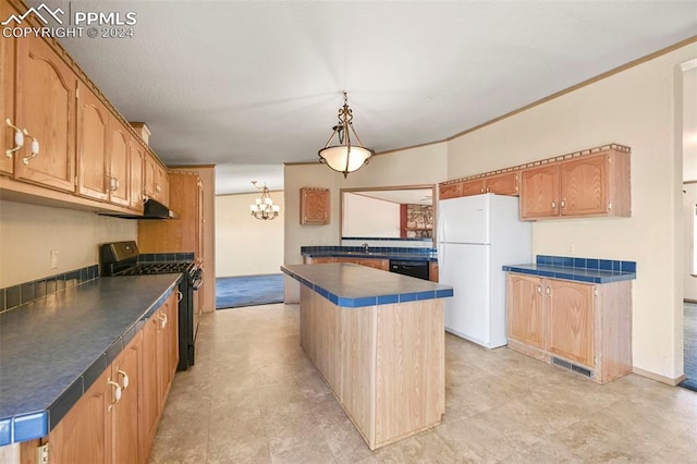 kitchen with sink, a chandelier, a kitchen island, light tile patterned floors, and black appliances