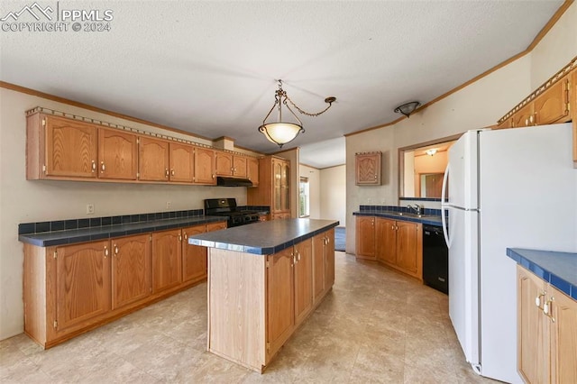 kitchen featuring a center island, ornamental molding, white fridge, dishwasher, and stove