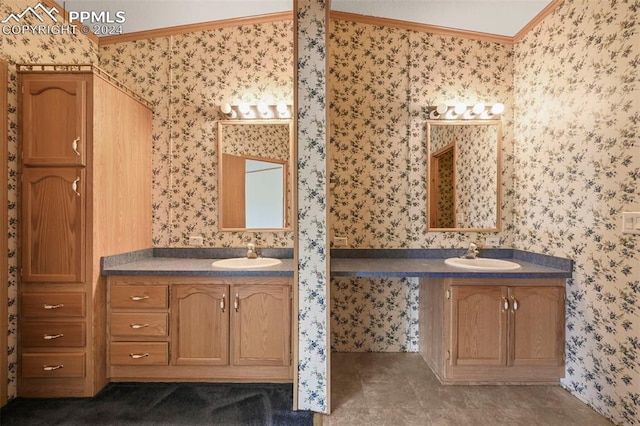 full bath featuring wallpapered walls and a sink