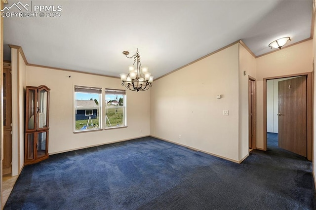 empty room featuring carpet floors, vaulted ceiling, crown molding, and an inviting chandelier