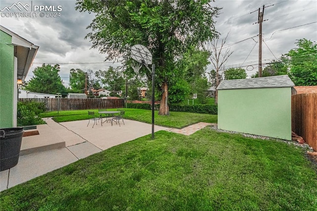 view of yard featuring a shed and a patio area