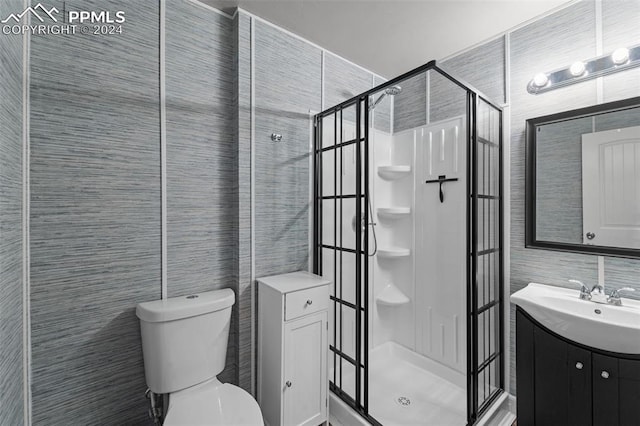 bathroom with tile walls, a shower with door, vanity, and toilet