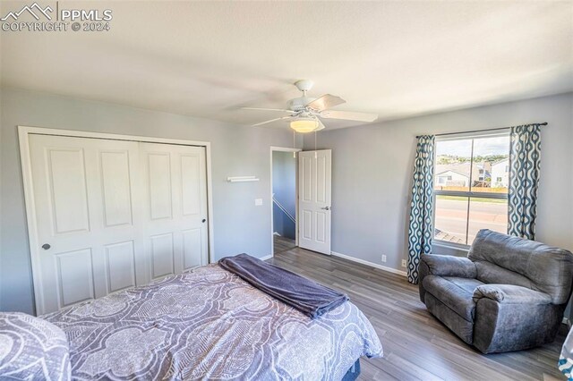 bedroom featuring a closet, ceiling fan, and wood-type flooring