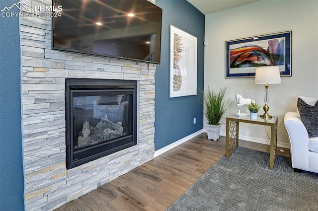 living room featuring hardwood / wood-style floors and a stone fireplace