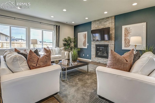 living room with dark hardwood / wood-style floors and a stone fireplace