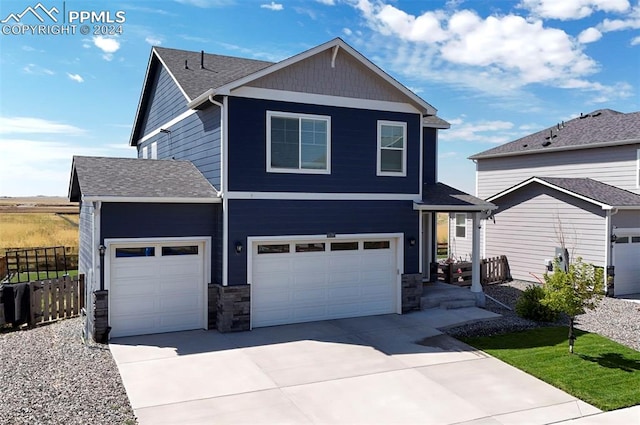 view of front facade featuring a garage, concrete driveway, roof with shingles, and fence