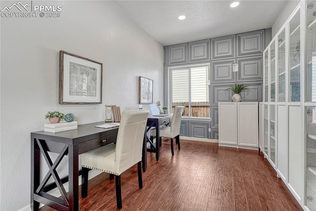 home office featuring dark wood finished floors and recessed lighting