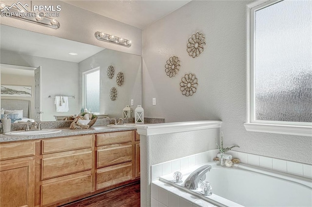 full bathroom featuring double vanity, a wealth of natural light, and a sink