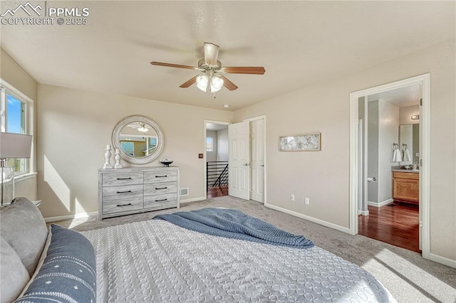 bedroom featuring carpet flooring, baseboards, and ceiling fan