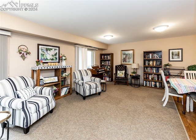 living area with light colored carpet