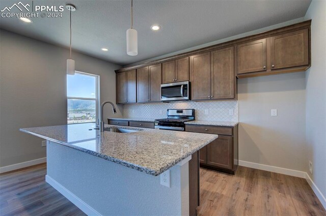 kitchen featuring appliances with stainless steel finishes, sink, light hardwood / wood-style flooring, and pendant lighting