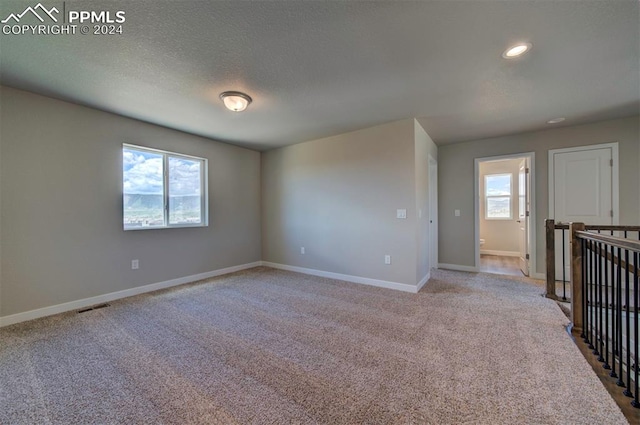 unfurnished room with a wealth of natural light, carpet flooring, and a textured ceiling