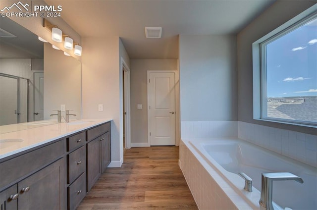 bathroom with plus walk in shower, wood-type flooring, and vanity