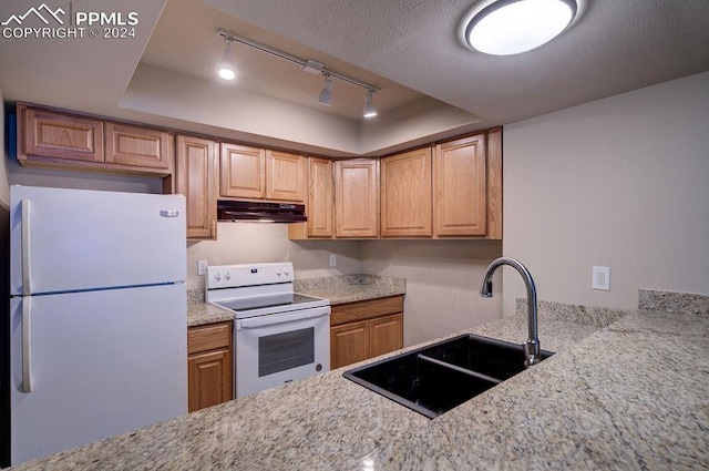 kitchen featuring a tray ceiling, track lighting, light stone counters, sink, and white appliances