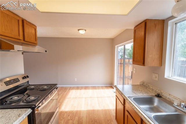 kitchen featuring light hardwood / wood-style floors, stainless steel range with electric stovetop, and sink