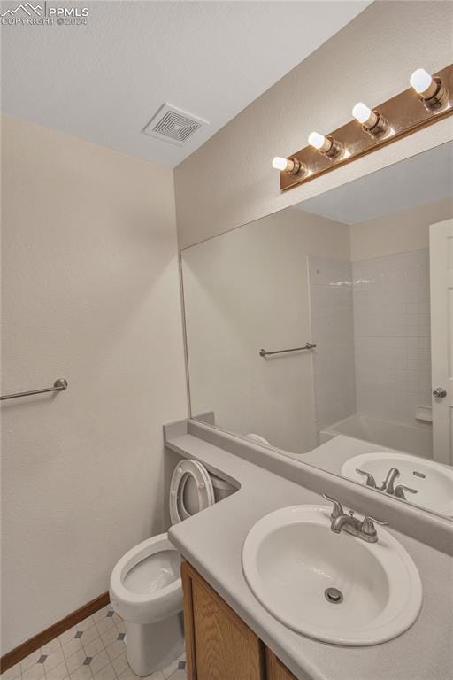 full bathroom featuring plus walk in shower, toilet, and vanity