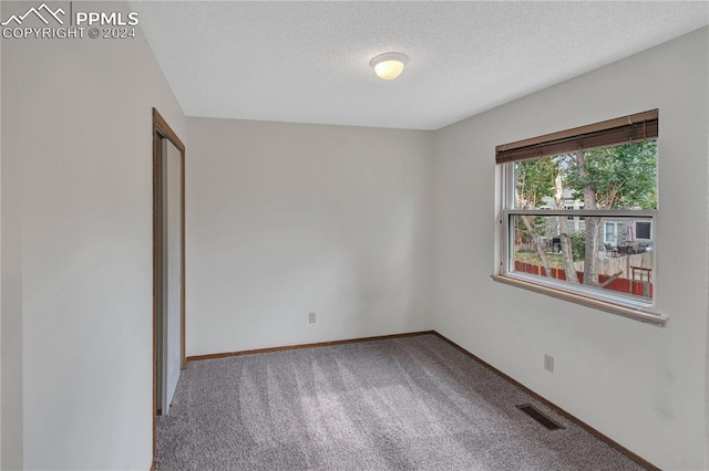 unfurnished room featuring a textured ceiling and carpet