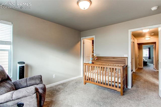 bedroom with a crib and carpet floors