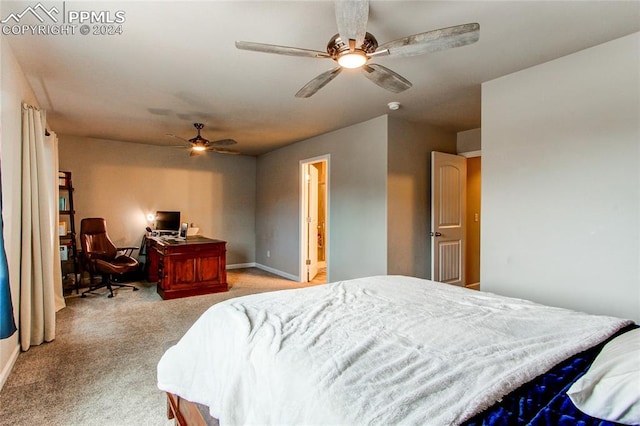 bedroom with ceiling fan and carpet flooring