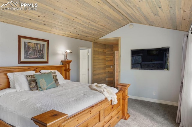 bedroom featuring vaulted ceiling, carpet, and wood ceiling