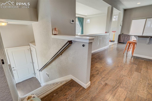 stairway with hardwood / wood-style floors