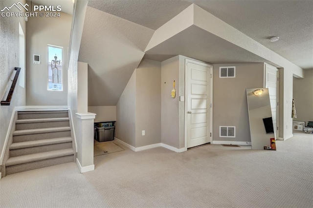 additional living space with light colored carpet and a textured ceiling