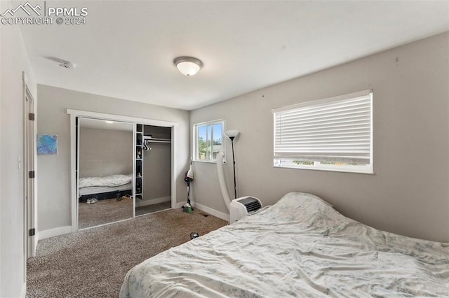 bedroom with carpet, a closet, and baseboards