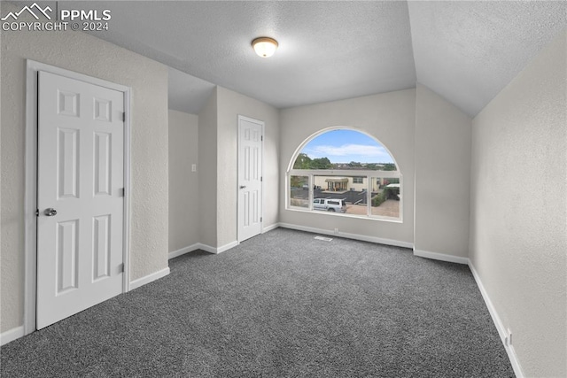 carpeted spare room with a textured ceiling and lofted ceiling