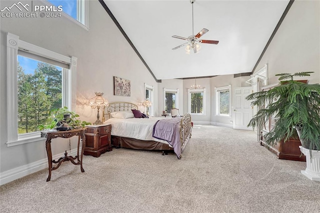 carpeted bedroom with multiple windows, high vaulted ceiling, and ceiling fan