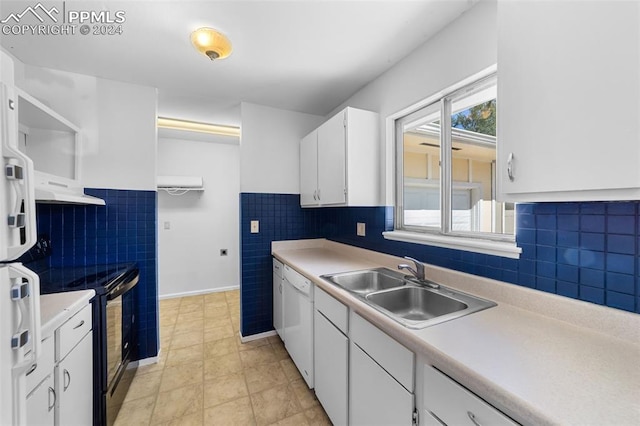 kitchen featuring backsplash, white cabinets, light tile patterned floors, sink, and white appliances