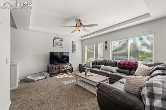 living room with carpet floors, a raised ceiling, and ceiling fan