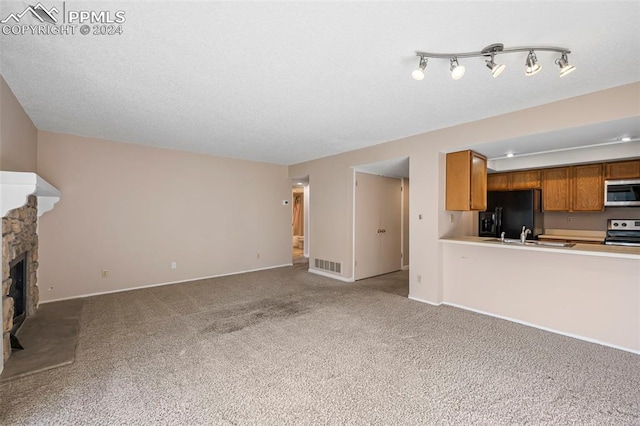 140 W Rockrimmon Blvd Unit 204, Colorado Springs, CO 80919 - unfurnished living room with carpet flooring, a sink, baseboards, visible vents, and a fireplace
