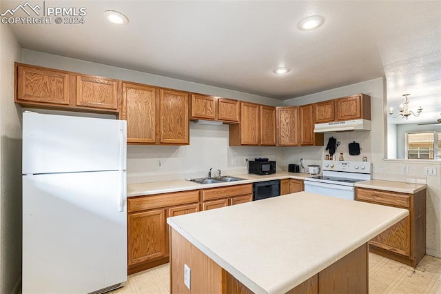 kitchen with a chandelier, sink, black appliances, light tile patterned floors, and a center island