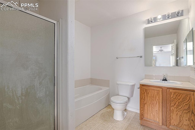 full bathroom featuring separate shower and tub, tile patterned floors, toilet, and vanity