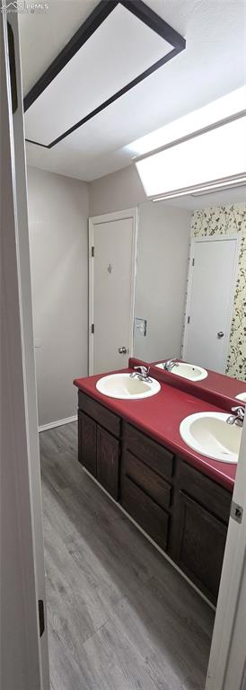 bathroom with vanity and hardwood / wood-style flooring