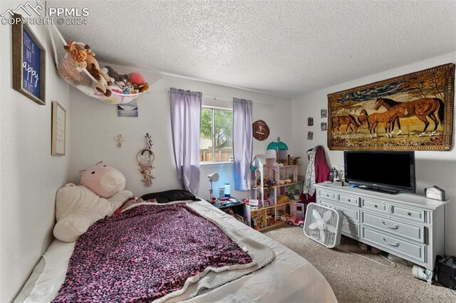 carpeted bedroom with a textured ceiling