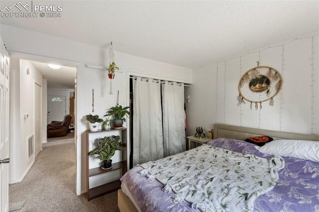 bedroom featuring a textured ceiling and carpet floors