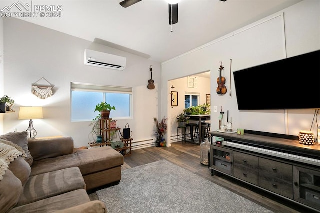 living room with dark wood-type flooring, ceiling fan, a baseboard radiator, and a wall mounted air conditioner