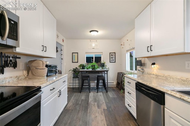 kitchen featuring white cabinetry, stainless steel appliances, light stone countertops, and dark hardwood / wood-style floors